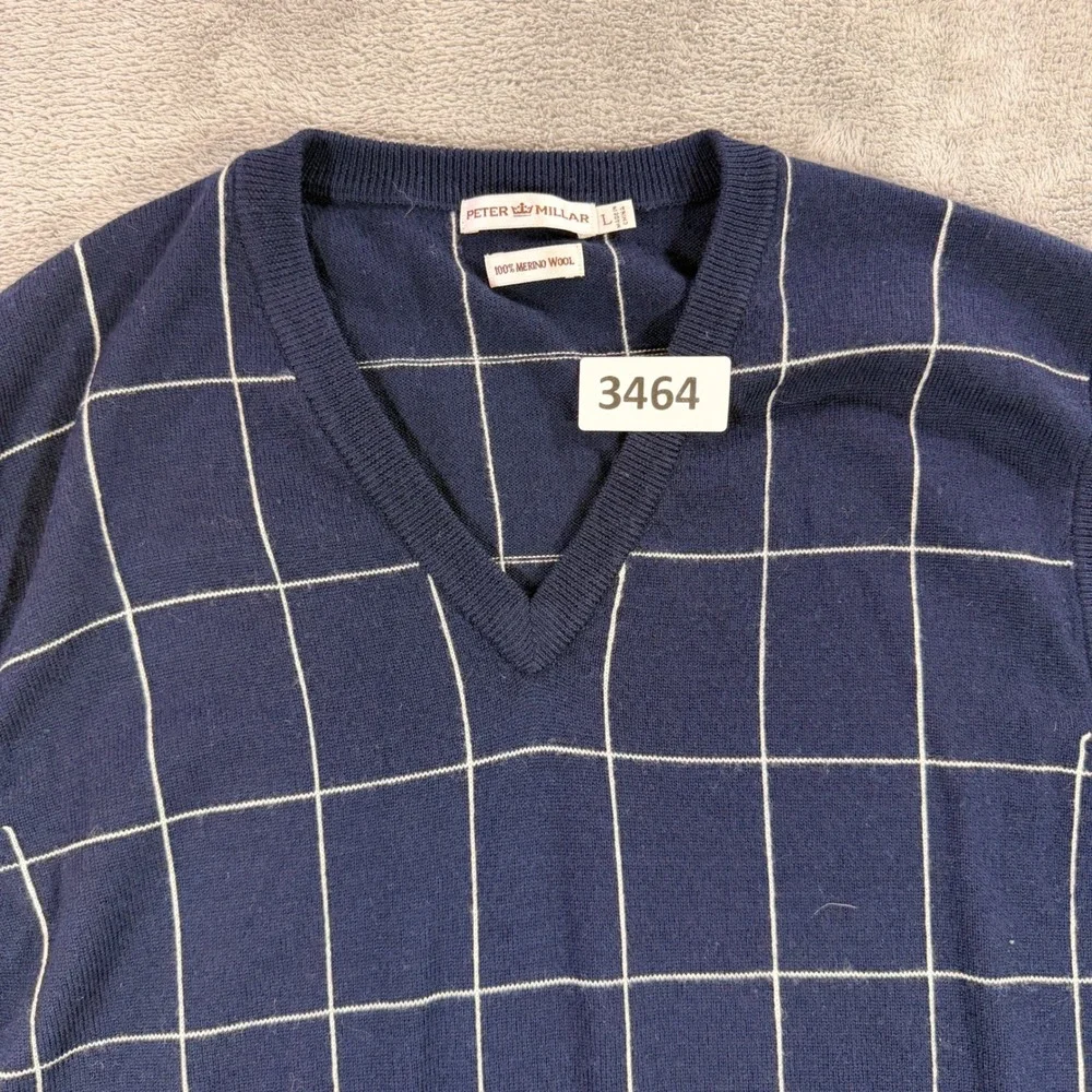 Peter Millar Sweater Vest Mens L Navy Blue Extrafine Merino Wool Windowpane